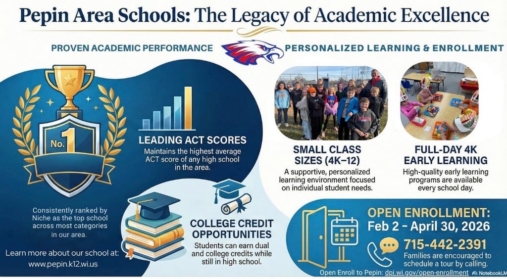 Welcome to Pepin Area Schools! Small class sizes, Full day 4k, and great ACT scores